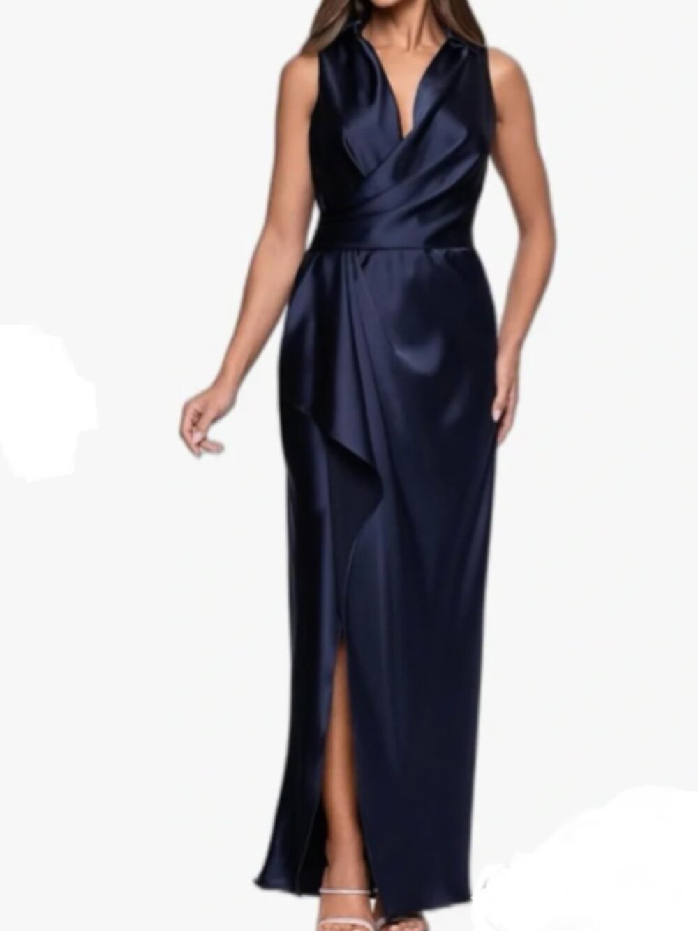 Xscape -Navy Satin Wrap Maxi Gown – Elegant Sleeveless Evening Dress size 6 NWT